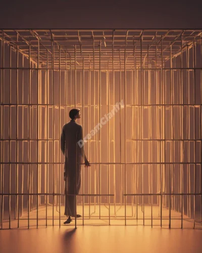 A figure behind glowing bars that form a doorway, representing confinement and the potential for personal growth.