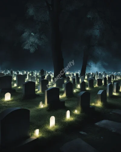 A cemetery with ethereal lights illuminating headstones, each revealing memories and hidden meanings.