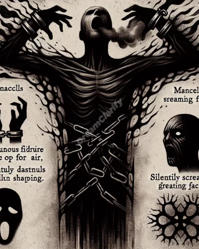 A figure choking, surrounded by symbols of restriction and fear.