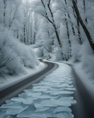 A winding road covered in translucent ice, revealing hidden dangers and opportunities beneath, symbolizing life's slippery paths.