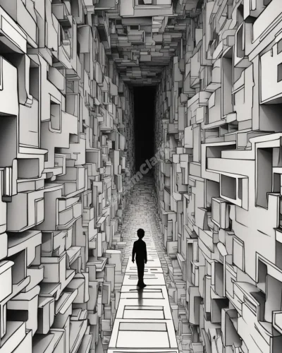 A person navigating through increasingly narrow spaces, symbolizing constraints or focused determination in dreams.