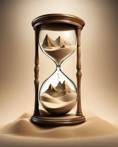 Sand transforming into various objects and scenes as it falls through an hourglass, symbolizing the passage of time and malleability of dreams.