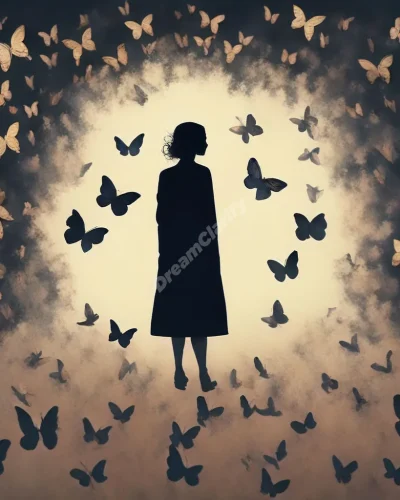 A shadowy figure dissolving into butterflies, each carrying a different life lesson, representing transformation in killer dreams.