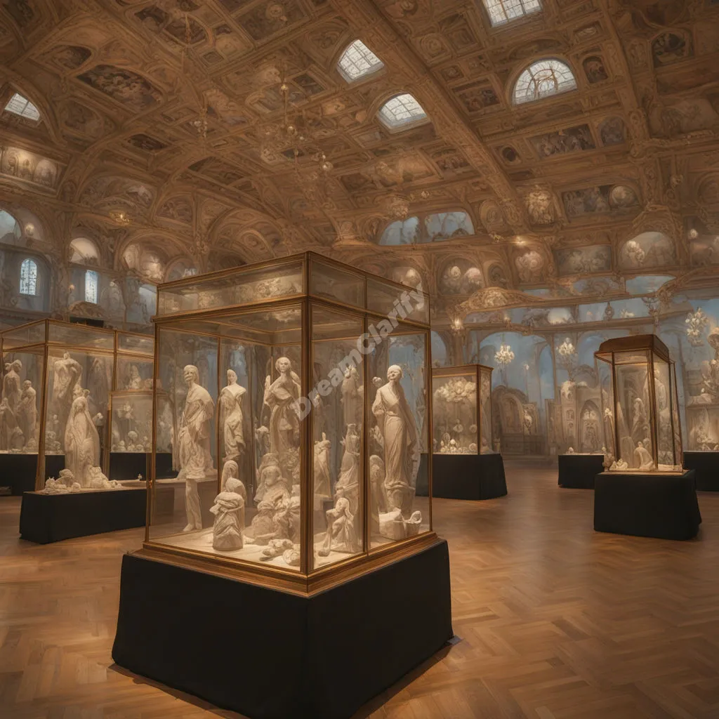 An exhibition hall filled with dream symbols, representing display and revelation.