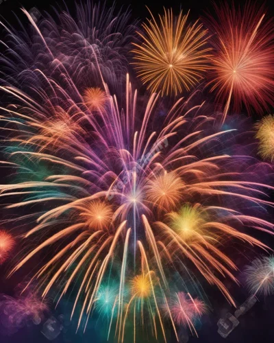 Fireworks exploding into colorful dream symbols, representing celebration and excitement.