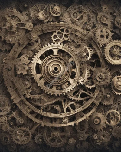 Intricate gears and cogs forming a dream machine, each turn revealing new symbols, representing the mechanics of the mind.