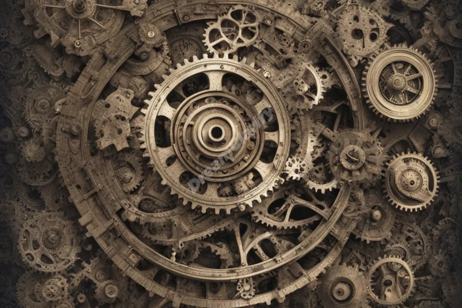 Intricate gears and cogs forming a dream machine, each turn revealing new symbols, representing the mechanics of the mind.