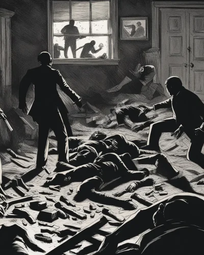 Shadowy figures in a chaotic scene, representing violence in massacre dreams.