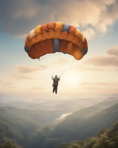 A parachute opening to reveal a safe landing in a dream landscape, symbolizing safety and preparedness in parachute dreams.
