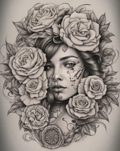 Tattoos on skin coming to life and telling stories, representing permanent marks on the psyche or personal history.