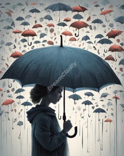 An umbrella sheltering a dreamer from a rain of symbols, representing protection and hidden meanings.