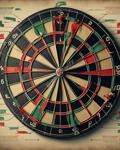 A dartboard with each section revealing a different dream scenario when hit, representing goals and precision in life.