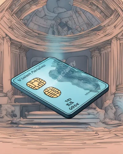 A debit card swiping through reality, revealing hidden costs and values in dream currency.