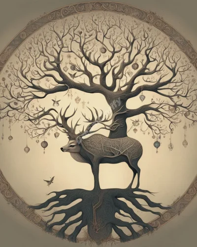 A majestic deer with antlers forming a tree of life, each branch holding a different dream symbol, representing intuition and gentleness.