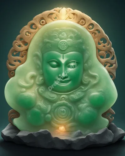 A piece of jade stone emitting a soft glow, with dream symbols emerging from its surface, representing wisdom and hidden value.