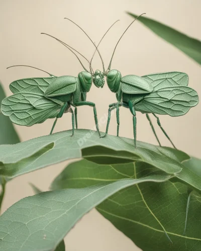 Katydids perched on leaves, their wings opening to reveal miniature dream scenes etched within.