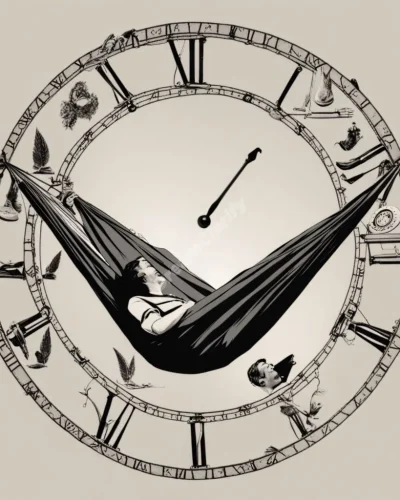 A figure resting in a hammock made of clock hands, surrounded by paused dream symbols, representing idleness.