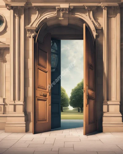An academic building with doors opening to reveal different dreamscapes, representing knowledge and potential.