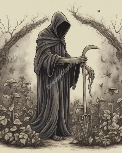 A grim reaper figure transforming into a nurturing gardener, symbolizing the cycle of endings and new beginnings.