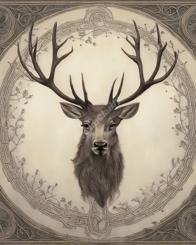 An elk with antlers forming a tree of life, each branch holding a different dream symbol, representing strength and growth in elk dreams.