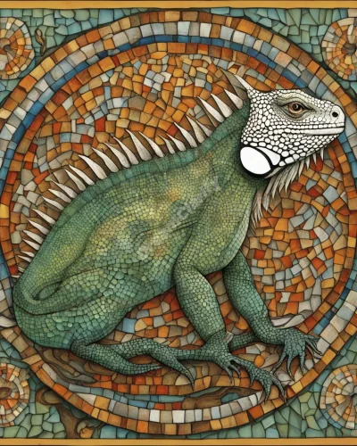 An iguana whose scales form a mosaic of dream symbols, representing adaptability and ancient wisdom.