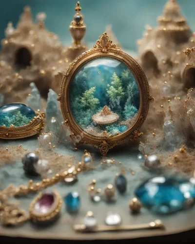 Jewels reflecting miniature dream scenes, symbolizing value and hidden treasures.