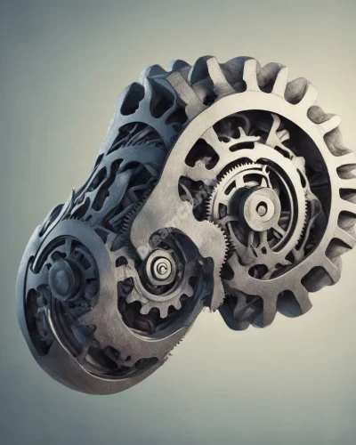 A knee joint with gears made of dream symbols, representing flexibility and movement.