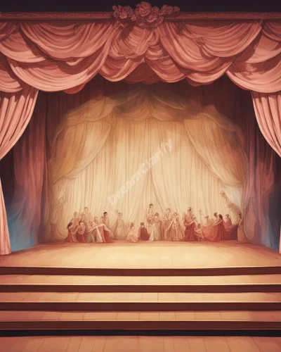 A stage with curtains opening to reveal a series of dreamlike pageant scenes, each representing a life lesson.