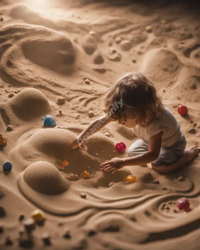 A child playing in a cosmic sandbox, molding dream symbols from the sand, representing creativity and childhood memories.