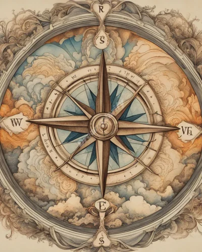 A compass rose with the East glowing, dream scenes unfolding in that direction, symbolizing new beginnings.