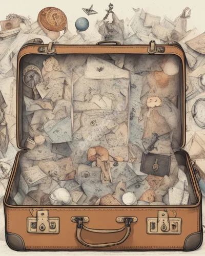 A suitcase being unpacked, revealing various dream symbols inside, representing exploration and self-discovery.