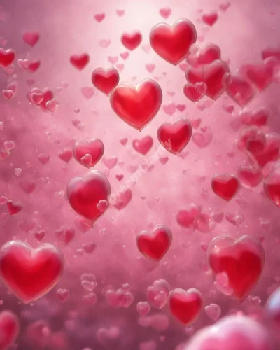 Heart-shaped dream bubbles floating in a Valentine's Day-themed dreamscape, symbolizing love and emotions.