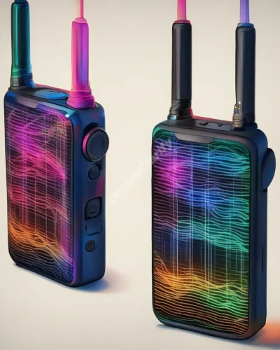 Walkie-talkies emitting colorful sound waves that form images, representing communication and hidden messages in dreams.