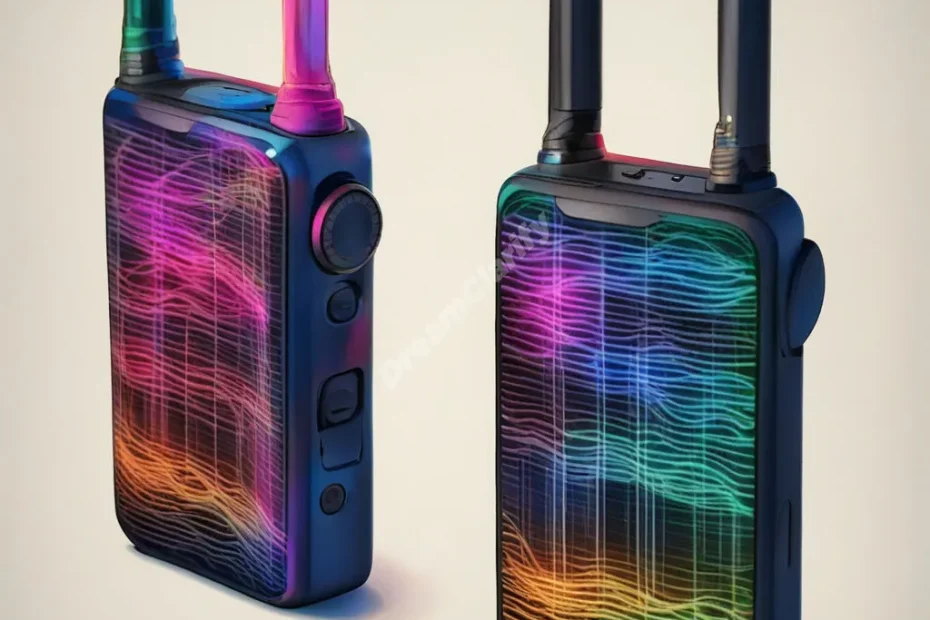 Walkie-talkies emitting colorful sound waves that form images, representing communication and hidden messages in dreams.