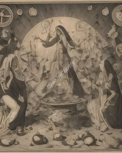 Witches performing rituals with dream symbols, representing mysticism.