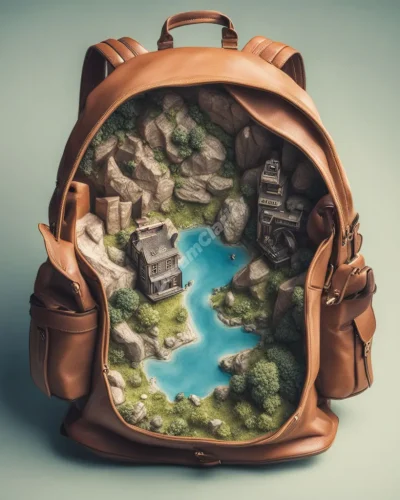 A backpack opening to reveal a miniature world inside, symbolizing the burdens and adventures we carry.