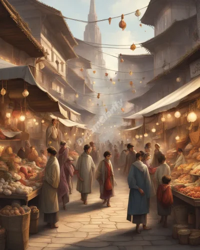 A bustling market with stalls displaying various dream symbols, representing commerce and exchange in market dreams.