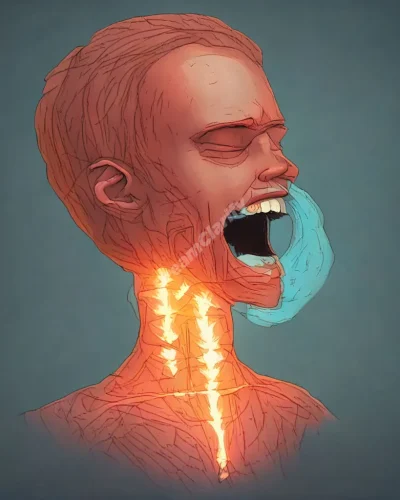 A figure with a glowing throat, struggling to speak, representing communication issues in laryngitis dreams.