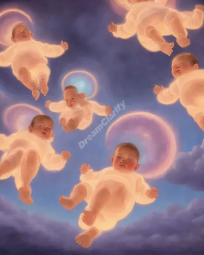 Five glowing baby figures floating in a dreamscape, each representing different aspects of potential and growth in quintuplet dreams.