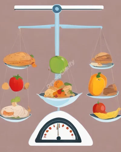 A scale with food items and body shapes, symbolizing weight concerns in diet dreams.