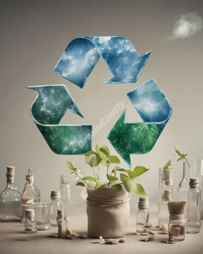 Recycling symbols transforming into new dream objects, representing renewal and sustainability.