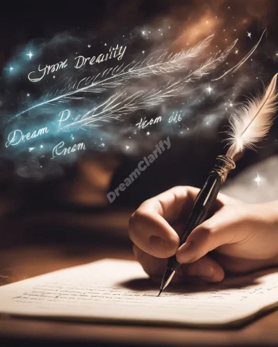 A quill pen writing glowing words that come to life, forming dream scenes, representing creativity and communication in quill dreams.