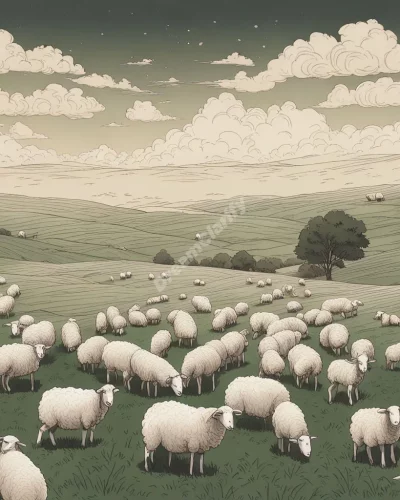 Sheep grazing in a dream field, representing innocence.