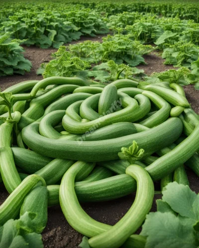 Zucchini plants growing and intertwining to form a labyrinth of green, symbolizing growth and life's twists.
