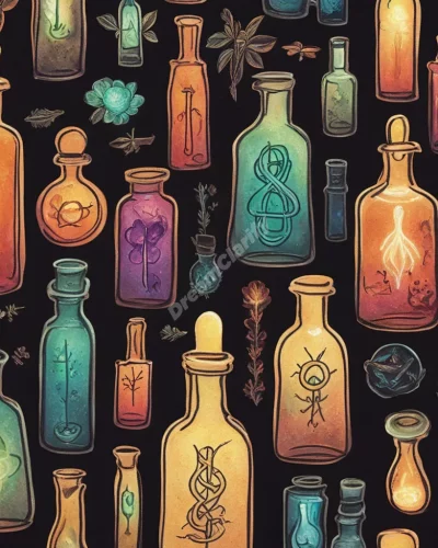 Medicine bottles glowing with healing symbols, representing health and recovery.