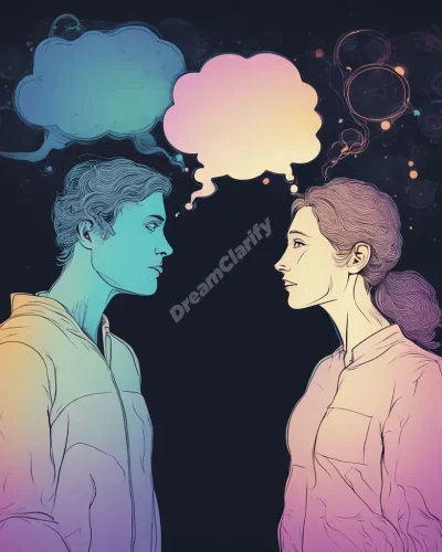 Two figures with a visible energy connection between their minds, exchanging glowing thought bubbles.