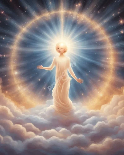 A radiant conception scene with divine light forming a baby from cosmic stardust, representing purity and miraculous beginnings.