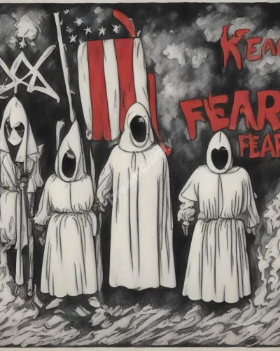 Ku Klux Klan figures dissolving into symbols of fear and history.