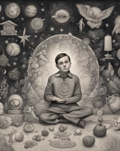 A midget surrounded by dream symbols, representing perspective.