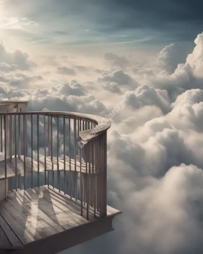 A balcony floating in the clouds, offering a view of various dreamscapes, representing new perspectives and opportunities.